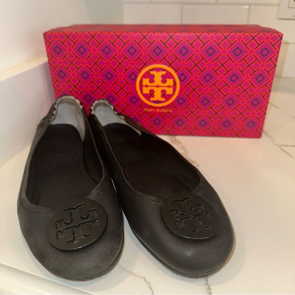 Tory Burch Womens Size 8 Black Minnie Travel Ballet Flat Shoes W Box Leather
